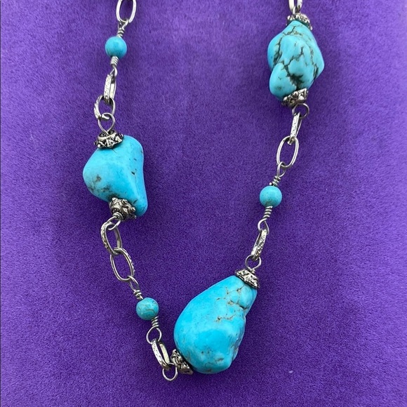 💛 HDNY Silver Tone Turquoise Coloured Stone Necklace - Picture 2 of 6